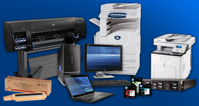 Collage of plotters, servers, notebooks, desktops, printer maintenance kits, workcenter multifunctions, toner,  and ink cartridges from HP, Canon, Xerox, Lenovo, and other brands that Tower supplies or services.
